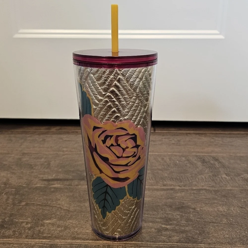 New Starbucks Trio of Artistic Tumblers with Pink, Gold, and Green Colors 24 Oz